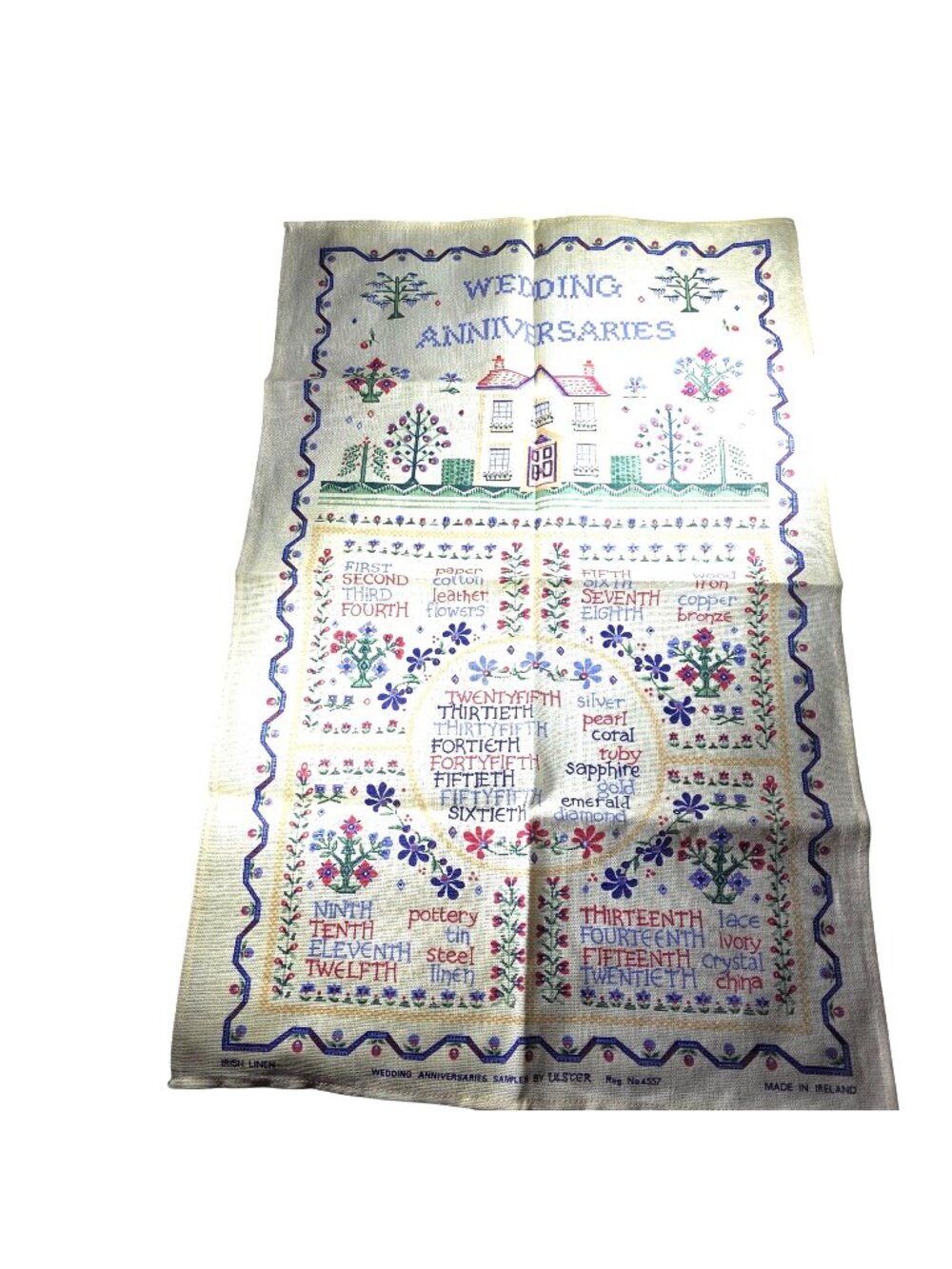 Sampler Tea Towel By Ulster Irish Linen Wedding Anniversaries cottagecore